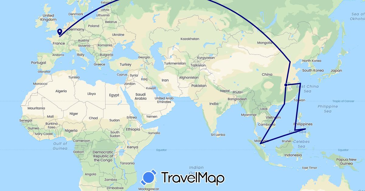 TravelMap itinerary: driving in China, France, Malaysia, Philippines (Asia, Europe)
